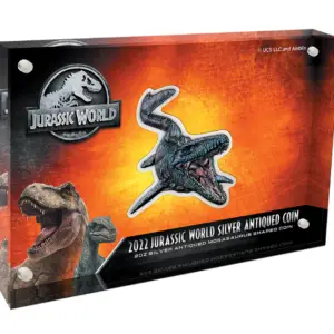 2022 Jurassic World 2oz Silver Antiqued Mosasaurus Shaped Proof Coin